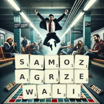 Kreatywna ilustracja do gry w Scrabble ze słowem SAMOZAGRZEWALI ułożonym z płytek na planszy.