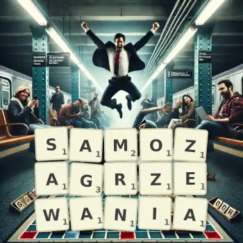 Kreatywna ilustracja do gry w Scrabble ze słowem SAMOZAGRZEWANIA ułożonym z płytek na planszy.