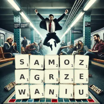 Kreatywna ilustracja do gry w Scrabble ze słowem SAMOZAGRZEWANIU ułożonym z płytek na planszy.