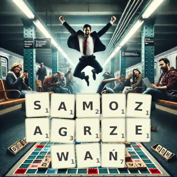 Kreatywna ilustracja do gry w Scrabble ze słowem SAMOZAGRZEWAŃ ułożonym z płytek na planszy.