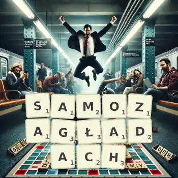 Kreatywna ilustracja do gry w Scrabble ze słowem SAMOZAGŁADACH ułożonym z płytek na planszy.