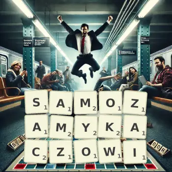 Kreatywna ilustracja do gry w Scrabble ze słowem SAMOZAMYKACZOWI ułożonym z płytek na planszy.
