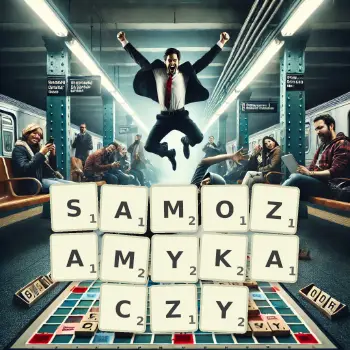 Kreatywna ilustracja do gry w Scrabble ze słowem SAMOZAMYKACZY ułożonym z płytek na planszy.