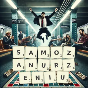 Kreatywna ilustracja do gry w Scrabble ze słowem SAMOZANURZENIU ułożonym z płytek na planszy.