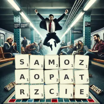 Kreatywna ilustracja do gry w Scrabble ze słowem SAMOZAOPATRZCIE ułożonym z płytek na planszy.