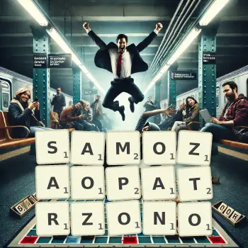 Kreatywna ilustracja do gry w Scrabble ze słowem SAMOZAOPATRZONO ułożonym z płytek na planszy.