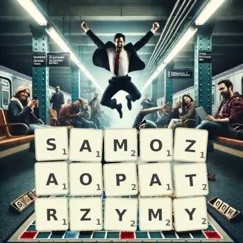 Kreatywna ilustracja do gry w Scrabble ze słowem SAMOZAOPATRZYMY ułożonym z płytek na planszy.