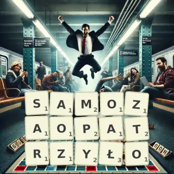 Kreatywna ilustracja do gry w Scrabble ze słowem SAMOZAOPATRZYŁO ułożonym z płytek na planszy.