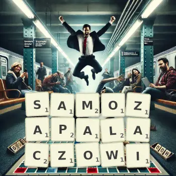 Kreatywna ilustracja do gry w Scrabble ze słowem SAMOZAPALACZOWI ułożonym z płytek na planszy.