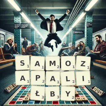 Kreatywna ilustracja do gry w Scrabble ze słowem SAMOZAPALIŁBY ułożonym z płytek na planszy.