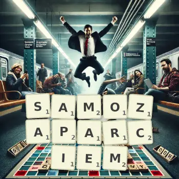 Kreatywna ilustracja do gry w Scrabble ze słowem SAMOZAPARCIEM ułożonym z płytek na planszy.