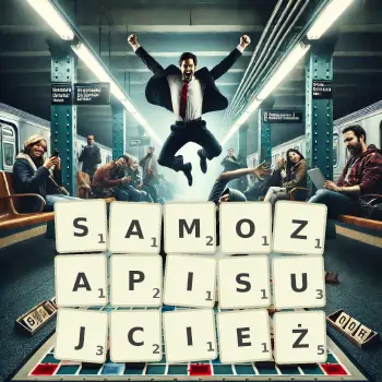 Kreatywna ilustracja do gry w Scrabble ze słowem SAMOZAPISUJCIEŻ ułożonym z płytek na planszy.