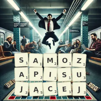 Kreatywna ilustracja do gry w Scrabble ze słowem SAMOZAPISUJĄCEJ ułożonym z płytek na planszy.