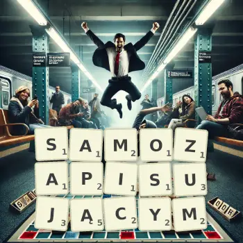 Kreatywna ilustracja do gry w Scrabble ze słowem SAMOZAPISUJĄCYM ułożonym z płytek na planszy.