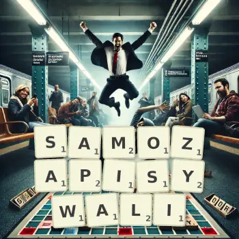 Kreatywna ilustracja do gry w Scrabble ze słowem SAMOZAPISYWALI ułożonym z płytek na planszy.