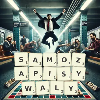 Kreatywna ilustracja do gry w Scrabble ze słowem SAMOZAPISYWALY ułożonym z płytek na planszy.