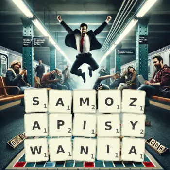 Kreatywna ilustracja do gry w Scrabble ze słowem SAMOZAPISYWANIA ułożonym z płytek na planszy.