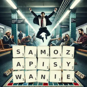 Kreatywna ilustracja do gry w Scrabble ze słowem SAMOZAPISYWANIE ułożonym z płytek na planszy.