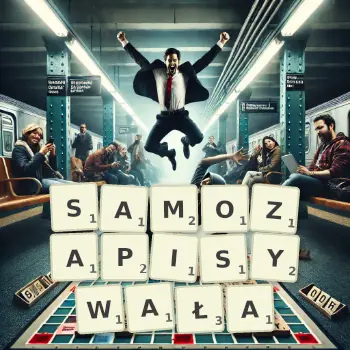 Kreatywna ilustracja do gry w Scrabble ze słowem SAMOZAPISYWAŁA ułożonym z płytek na planszy.