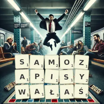 Kreatywna ilustracja do gry w Scrabble ze słowem SAMOZAPISYWAŁAŚ ułożonym z płytek na planszy.