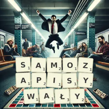 Kreatywna ilustracja do gry w Scrabble ze słowem SAMOZAPISYWAŁY ułożonym z płytek na planszy.