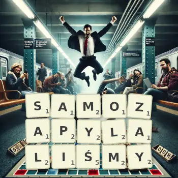 Kreatywna ilustracja do gry w Scrabble ze słowem SAMOZAPYLALIŚMY ułożonym z płytek na planszy.