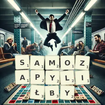 Kreatywna ilustracja do gry w Scrabble ze słowem SAMOZAPYLIŁBY ułożonym z płytek na planszy.