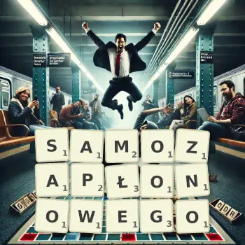 Kreatywna ilustracja do gry w Scrabble ze słowem SAMOZAPŁONOWEGO ułożonym z płytek na planszy.