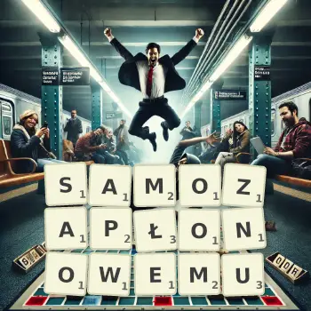 Kreatywna ilustracja do gry w Scrabble ze słowem SAMOZAPŁONOWEMU ułożonym z płytek na planszy.