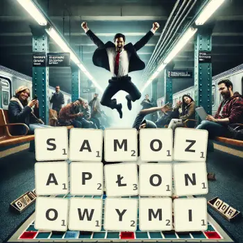 Kreatywna ilustracja do gry w Scrabble ze słowem SAMOZAPŁONOWYMI ułożonym z płytek na planszy.