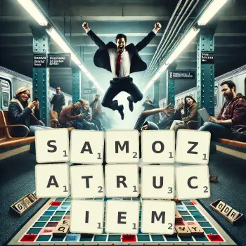 Kreatywna ilustracja do gry w Scrabble ze słowem SAMOZATRUCIEM ułożonym z płytek na planszy.