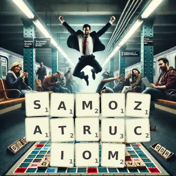 Kreatywna ilustracja do gry w Scrabble ze słowem SAMOZATRUCIOM ułożonym z płytek na planszy.