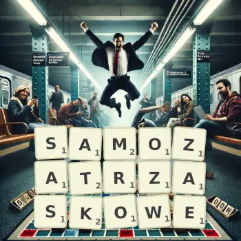 Kreatywna ilustracja do gry w Scrabble ze słowem SAMOZATRZASKOWE ułożonym z płytek na planszy.