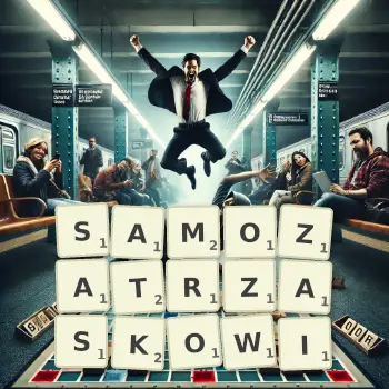 Kreatywna ilustracja do gry w Scrabble ze słowem SAMOZATRZASKOWI ułożonym z płytek na planszy.