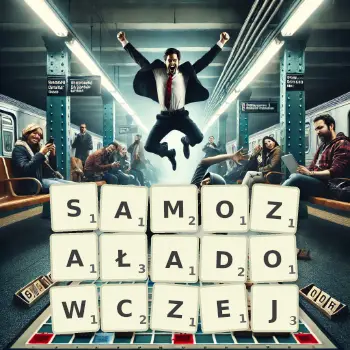 Kreatywna ilustracja do gry w Scrabble ze słowem SAMOZAŁADOWCZEJ ułożonym z płytek na planszy.