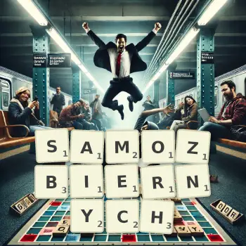 Kreatywna ilustracja do gry w Scrabble ze słowem SAMOZBIERNYCH ułożonym z płytek na planszy.