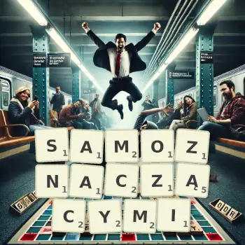 Kreatywna ilustracja do gry w Scrabble ze słowem SAMOZNACZĄCYMI ułożonym z płytek na planszy.