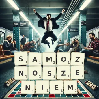 Kreatywna ilustracja do gry w Scrabble ze słowem SAMOZNOSZENIEM ułożonym z płytek na planszy.