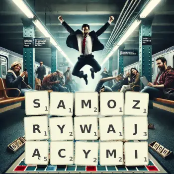 Kreatywna ilustracja do gry w Scrabble ze słowem SAMOZRYWAJĄCYMI ułożonym z płytek na planszy.
