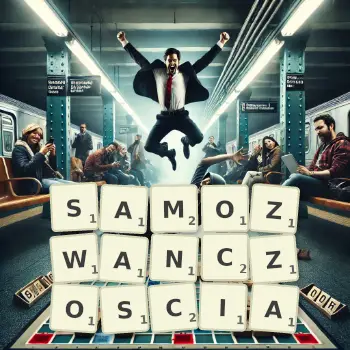 Kreatywna ilustracja do gry w Scrabble ze słowem SAMOZWANCZOSCIA ułożonym z płytek na planszy.