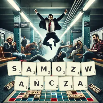 Kreatywna ilustracja do gry w Scrabble ze słowem SAMOZWAŃCZA ułożonym z płytek na planszy.
