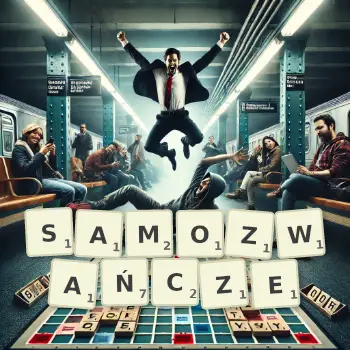 Kreatywna ilustracja do gry w Scrabble ze słowem SAMOZWAŃCZE ułożonym z płytek na planszy.