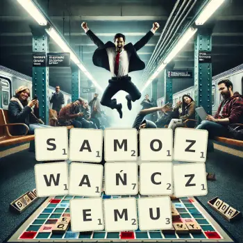 Kreatywna ilustracja do gry w Scrabble ze słowem SAMOZWAŃCZEMU ułożonym z płytek na planszy.