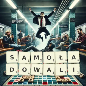 Kreatywna ilustracja do gry w Scrabble ze słowem SAMOŁADOWALI ułożonym z płytek na planszy.