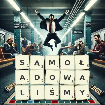 Kreatywna ilustracja do gry w Scrabble ze słowem SAMOŁADOWALIŚMY ułożonym z płytek na planszy.