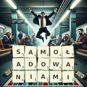 Kreatywna ilustracja do gry w Scrabble ze słowem SAMOŁADOWANIAMI ułożonym z płytek na planszy.