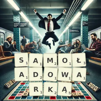 Kreatywna ilustracja do gry w Scrabble ze słowem SAMOŁADOWARKĄ ułożonym z płytek na planszy.