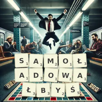 Kreatywna ilustracja do gry w Scrabble ze słowem SAMOŁADOWAŁBYŚ ułożonym z płytek na planszy.