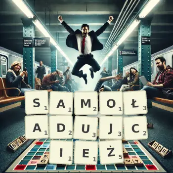 Kreatywna ilustracja do gry w Scrabble ze słowem SAMOŁADUJCIEŻ ułożonym z płytek na planszy.