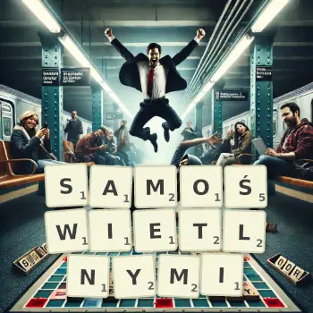 Kreatywna ilustracja do gry w Scrabble ze słowem SAMOŚWIETLNYMI ułożonym z płytek na planszy.